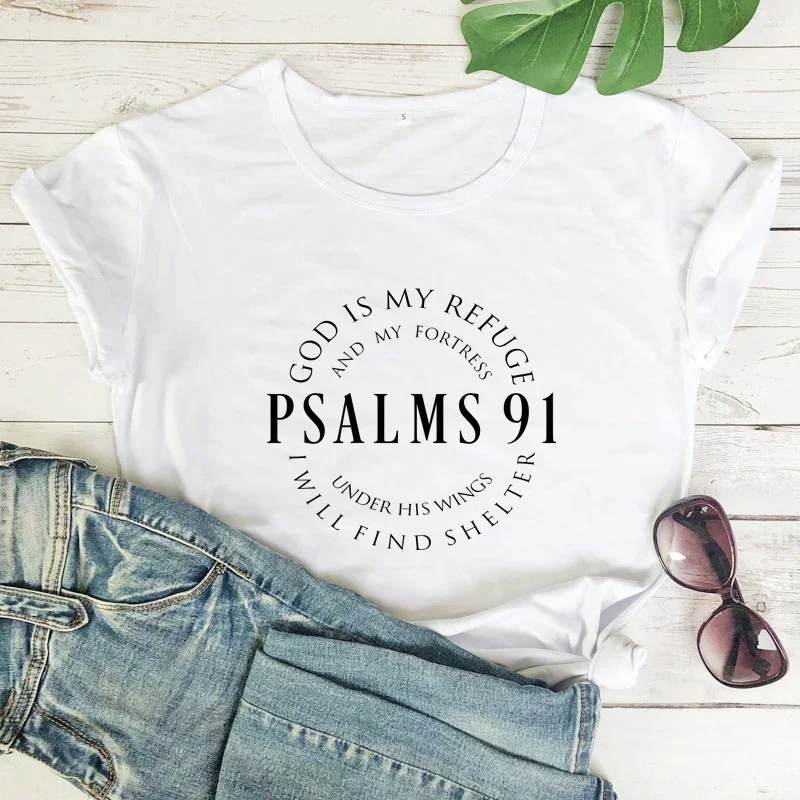 Psalm 91 100% Cotton T-shirt Casual Women Short Sleeve Christian Bible Tops Tees Scripture Unisex Jesus Church Tshirt