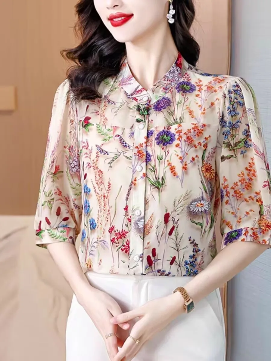 2025 estilo francês impresso flor respirável primavera verão mulher blusa topos feminino solto doce pradaria chique vibrante abordable