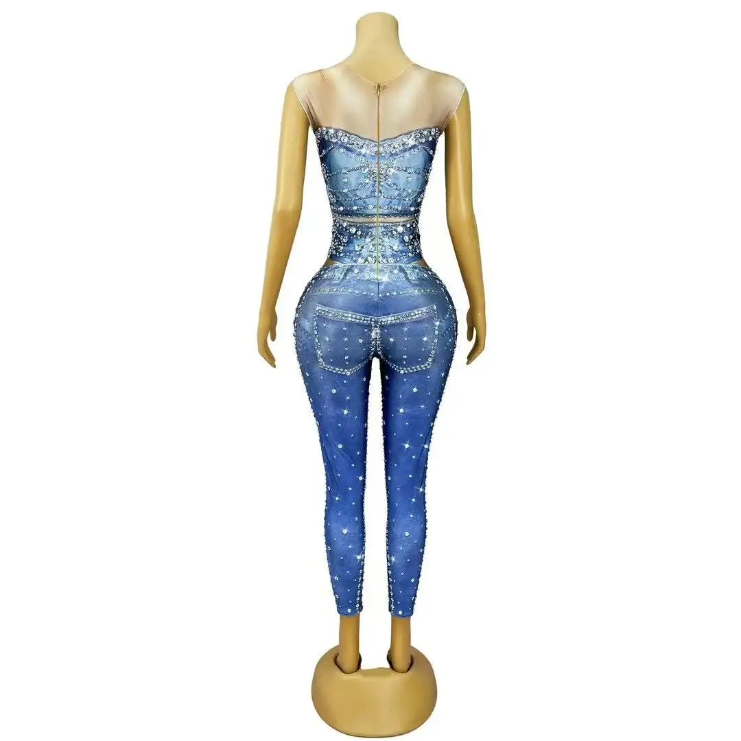 Sexy Jeans Pattern Design Sparkly Rhinestones Jumpsuit Women Singer Dancer Peformance Party Show Blingbling Photoshoot Outfit