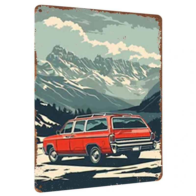 Vintage Red Station Wagon Snow Mountain Custom Metal Tin Sign Home Wall Decor Artwork