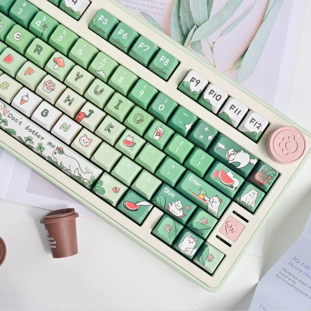 Teclado mecânico Keycaps, desenhos animados pintados à mão criativos, menina bonito, gato irritado, verde, PBT, MDA, cereja, menina, DIY, 134 chaves