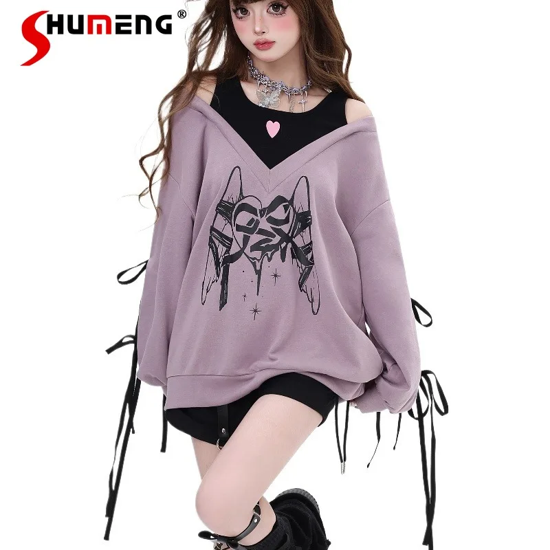 New American Retro Girl Complex Original Hoodies Sweet Cool Light Sub-print Fake Two-piece Strap Loose Fashion Sweatshirt Autumn