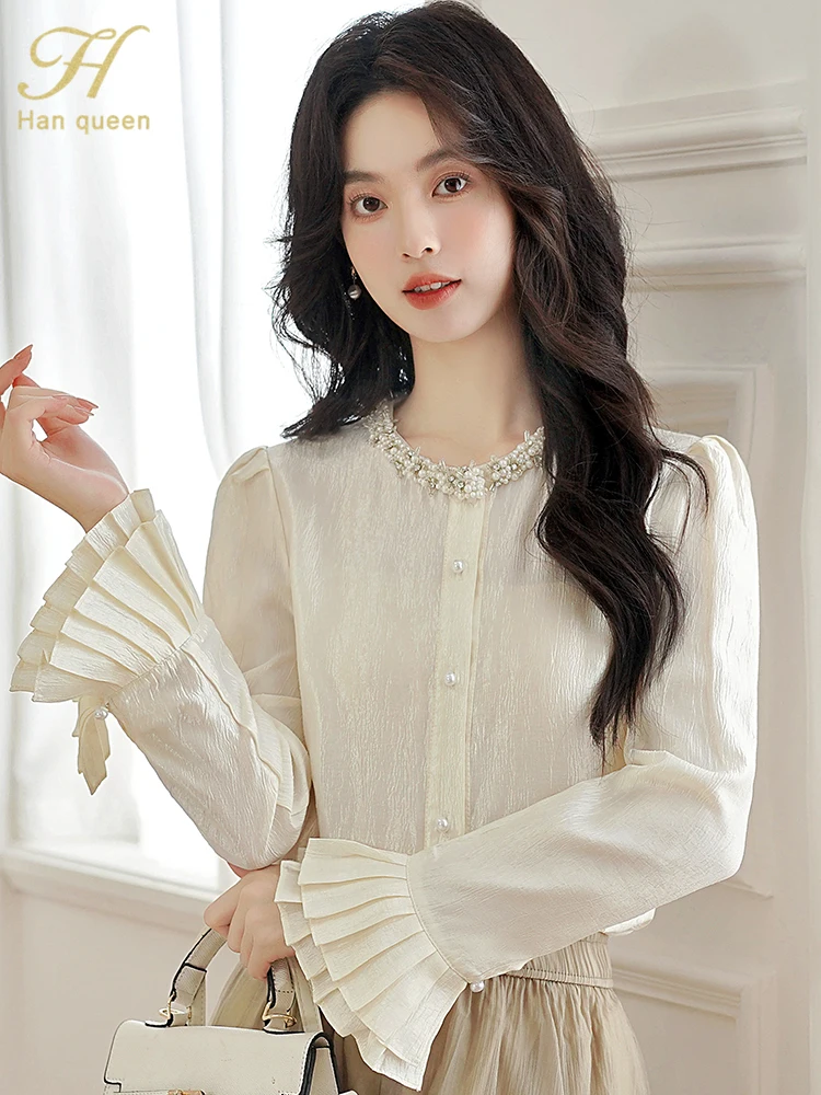 

H Han Queen Spring Handmade Beaded Trumpet Sleeves Korean Basic Shirts Woman Clothing Top Casual Office Shirts And Blouse