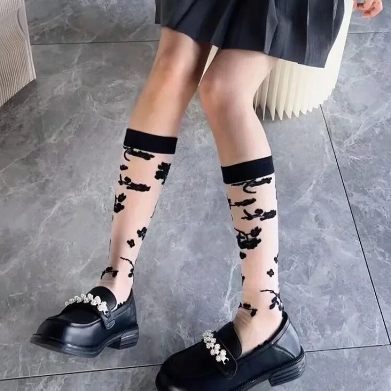 Summer Ultra-thin Transparent Nylon Long Socks Stockings Japanese Fashion Flower Knee Socks Vintage Crystal Silk Socks Stockings view 5