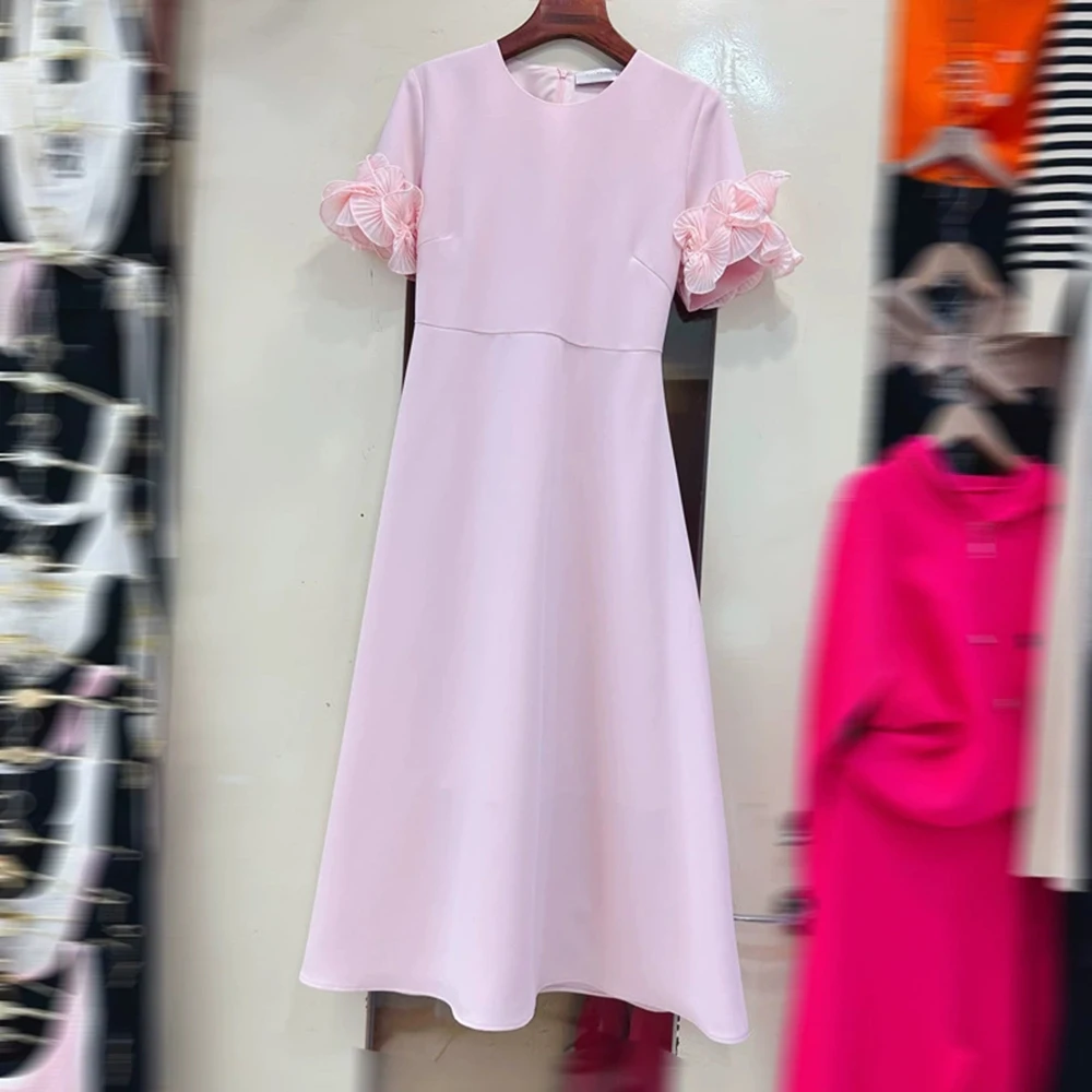 

High-end design three-dimensional petal decoration short-sleeved dress with slim waist and versatile long skirt-GZXX301