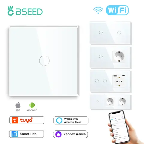 BSEED Wifi 터치 스위치 EU 소켓이있는 벽 조명 스위치 USB Type-C 플러그 Tuya Smart Life Alexa Yandex App 제어 유리 패널