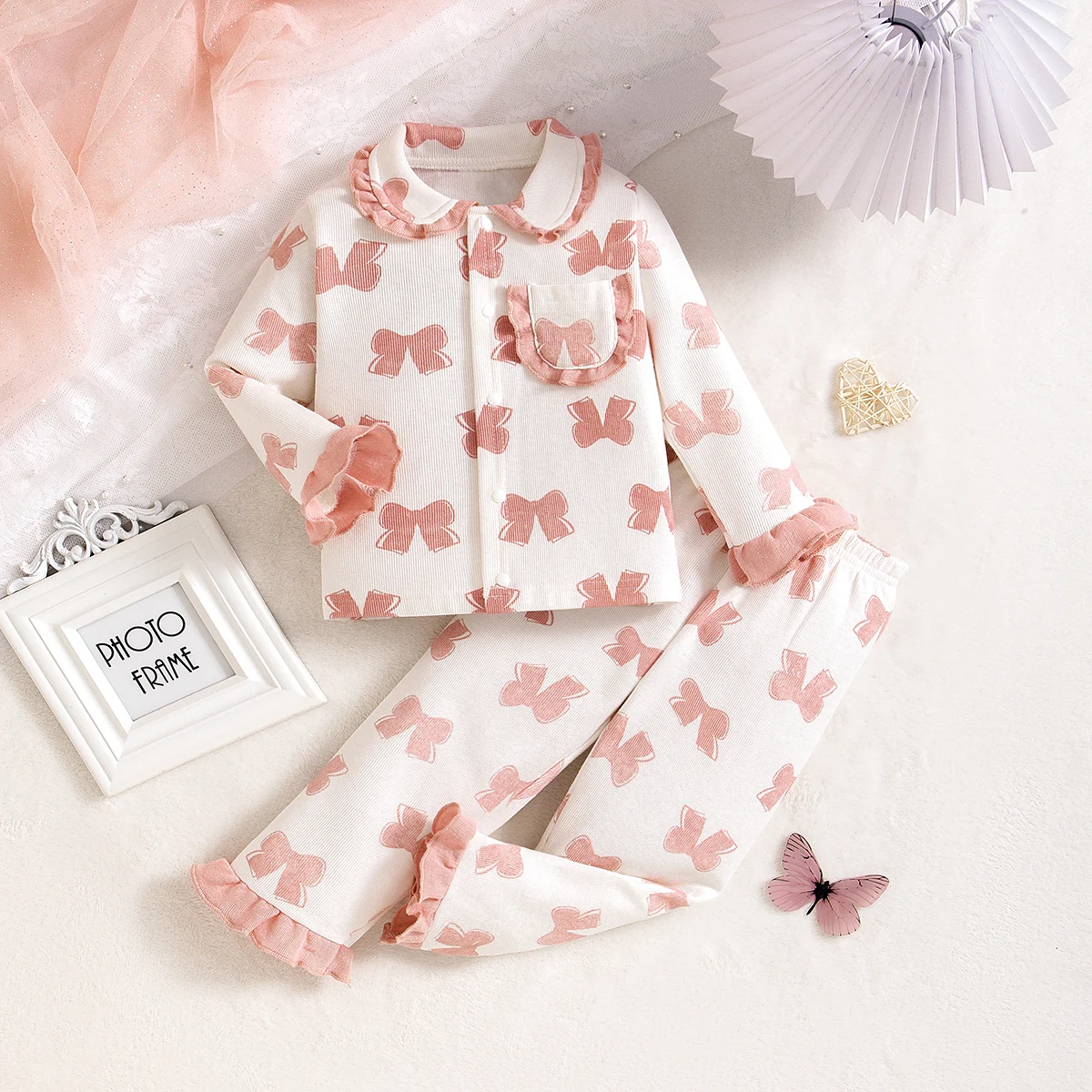 2Pcs Set Baby and Toddler Outfit with Full-Body Bow Print Shirt and Pants