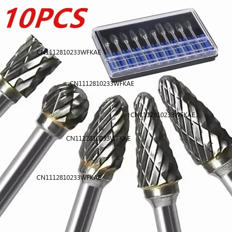 10pcs Carbide Burr Set, Hard Alloy Tungsten Steel Double Cut Rotary File Milling Cutter Head, Woodworking Grinding Carvin