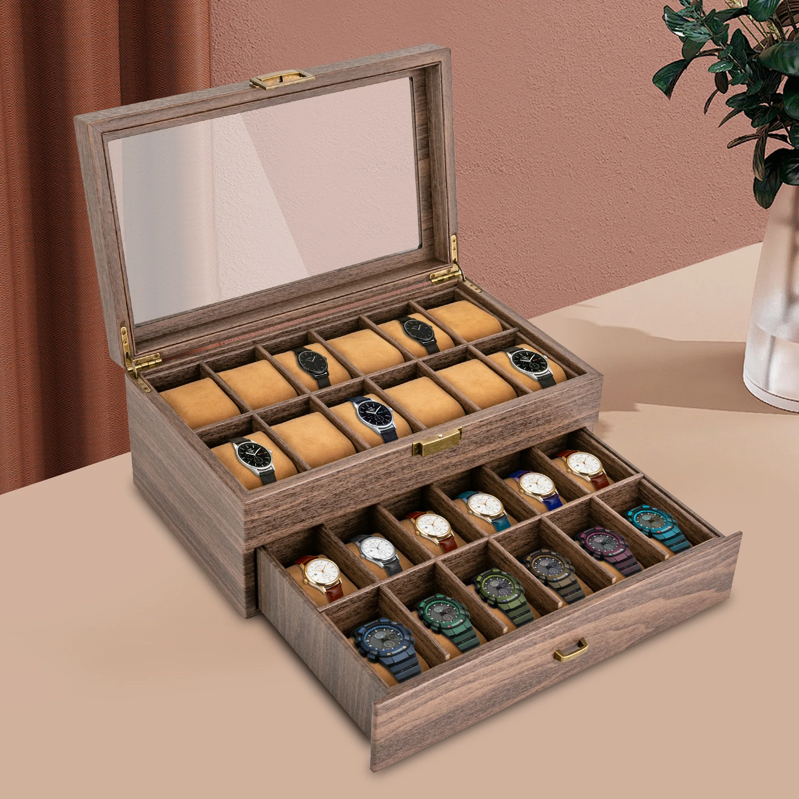 Caja de madera para relojes con 24 ranuras, organizador rústico de almacenamiento de relojes de 2 capas con tapa de cristal, almohada de terciopelo suave, hebilla de metal, estuche de exhibición de relojes de gran capacidad, regalo del Día del Padre para hombres, caja de almacenamiento para colección de relojes y joyas, decoración de escritorio para el hogar.
