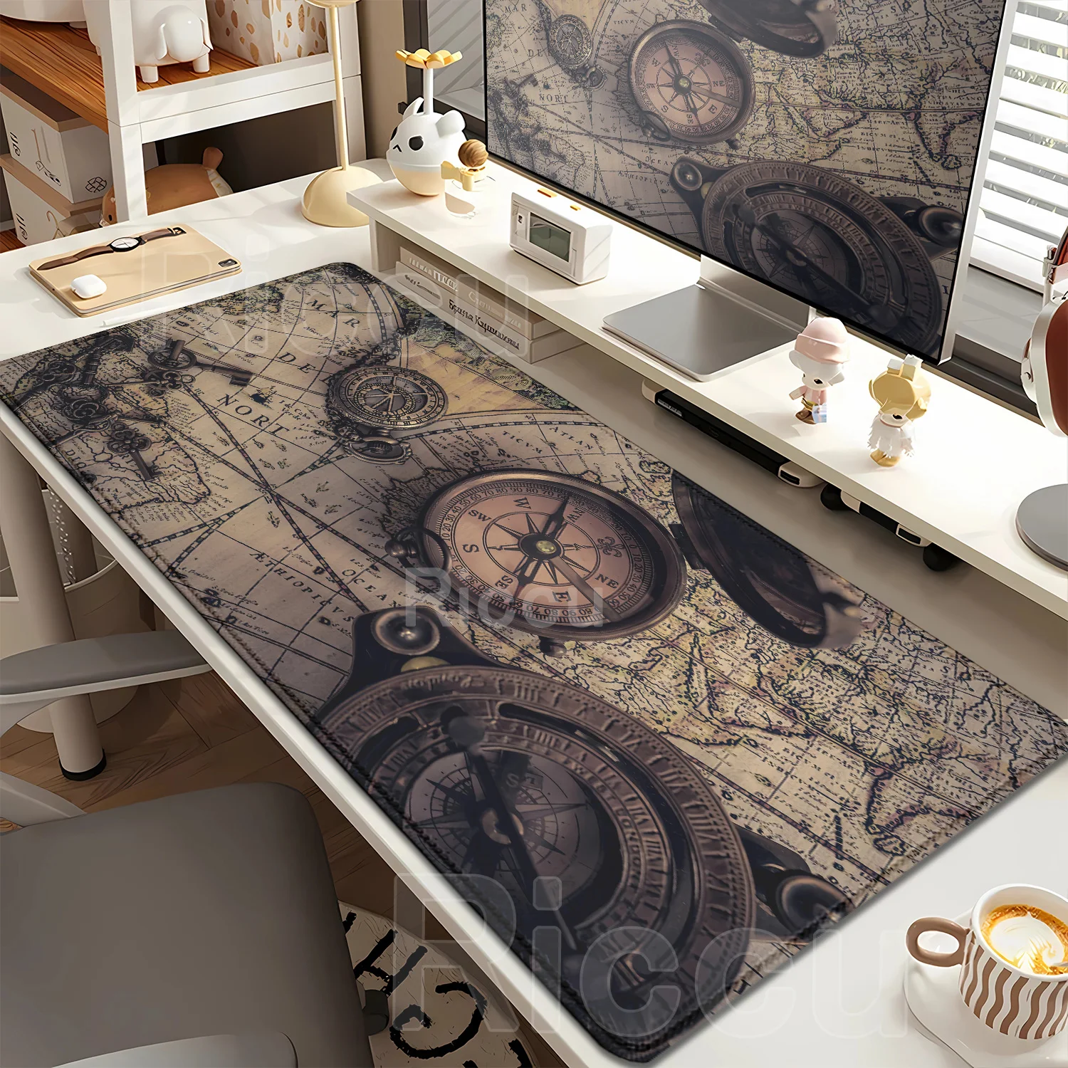 XXL Vintage Steampunk Compass Design Mouse Pad Large Gaming Office Desk Mat Non-Slip Stitched Edges for Gamers and Home Office