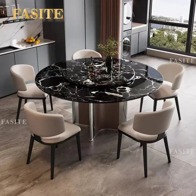 For Italian Style Natural Marble Round Dining Table with Turntable Light Luxury High End Household Furniture Set with Chairs