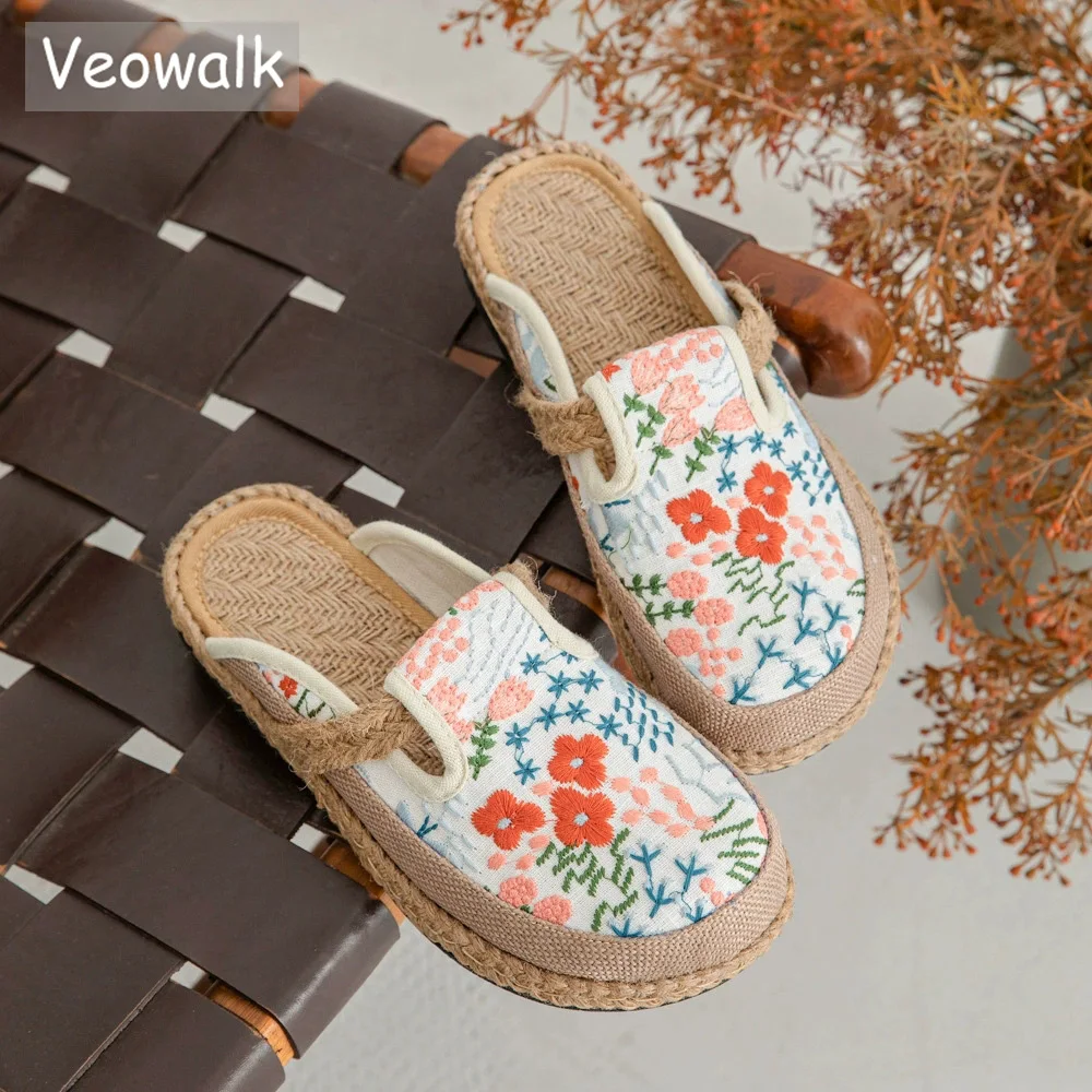 

Veowalk New Women's Floral Embroidered Espadrille Mules,Comfortable Linen Slip-On Backless Loafers Daily Wear Outdoor Shoes