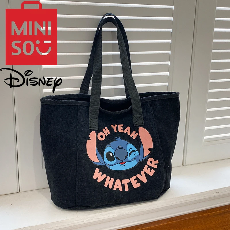 MINISO Disney Cartoon Print Stitch Canvas Bags Cute Casual Handabgs Fashion Shoulder Bag Women Totes Commuting Bag