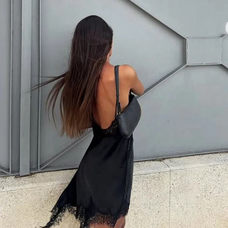 非対称レースドレス女性ノースリーブスリップブラックドレスサマーサテンパーティードレス背中の開いたセクシーなショートナイトドレス