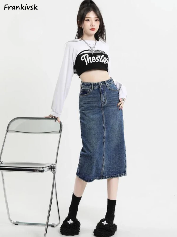 Mid-calf Skirts Women Slit Korean Style Slim Denim Solid High Waist Streetwear Harajuku Spring Simple All-match Elegant Fashion