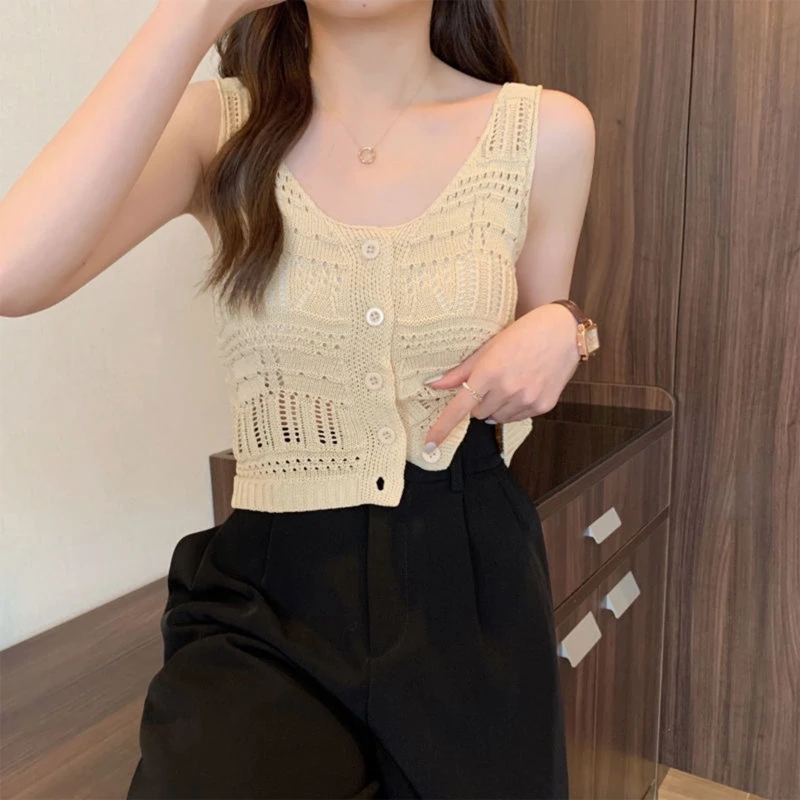 Áo dệt kim dạng ống Crop Top Áo vest nữ khoét hở không tay mùa hè cho áo lỗ S