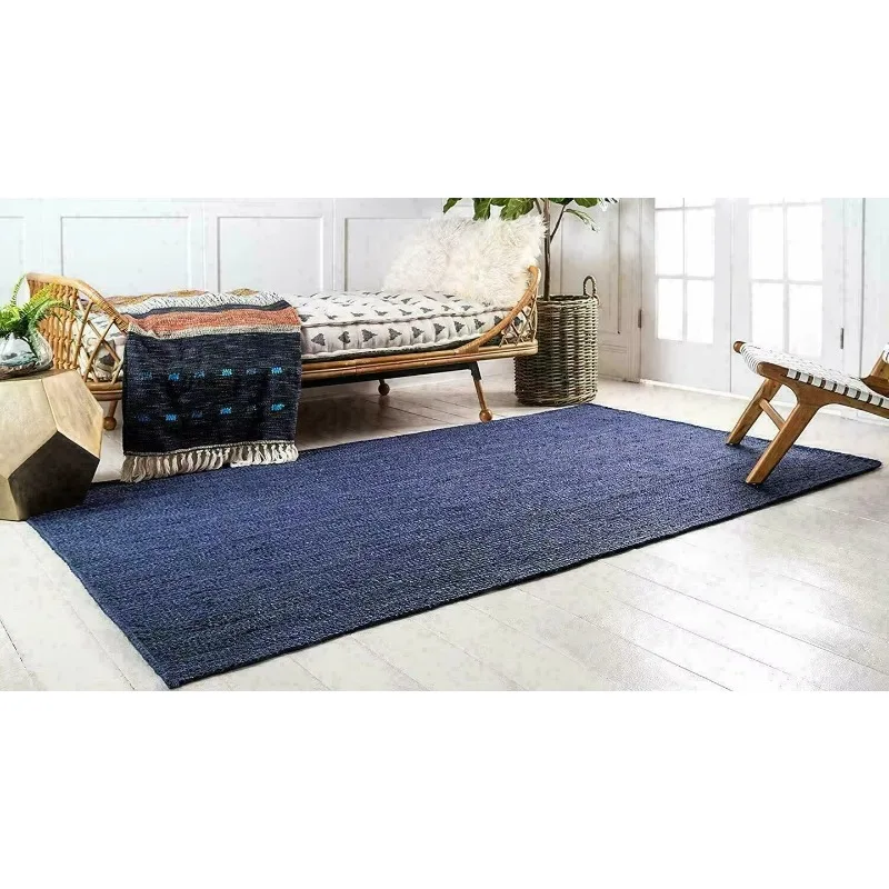 

Rug Natural Jute Braided Blue Reversible Rug Hemp Carpet Modern Living Area Rug