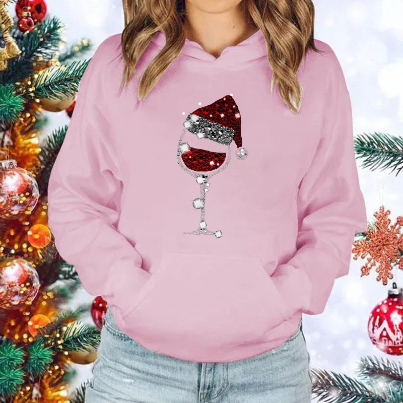 New Christmas Wine Glass Print Hoodie Fashion Women Men Casual Pullover Hoodies Christmas Sweatshirt