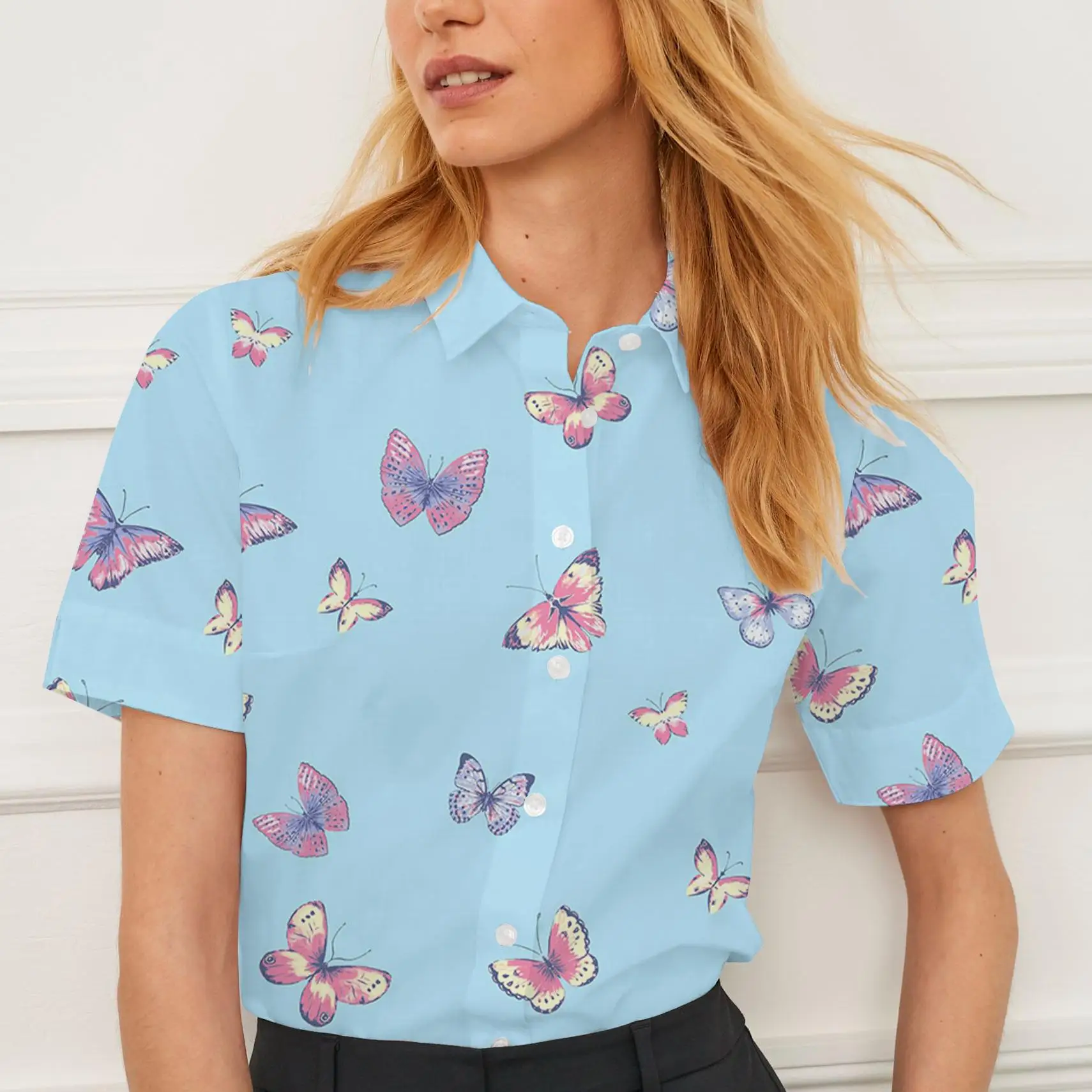 Новая летняя женская повседневная рубашка с короткими рукавами и лацканами с принтом бабочки, женская индивидуальная мода