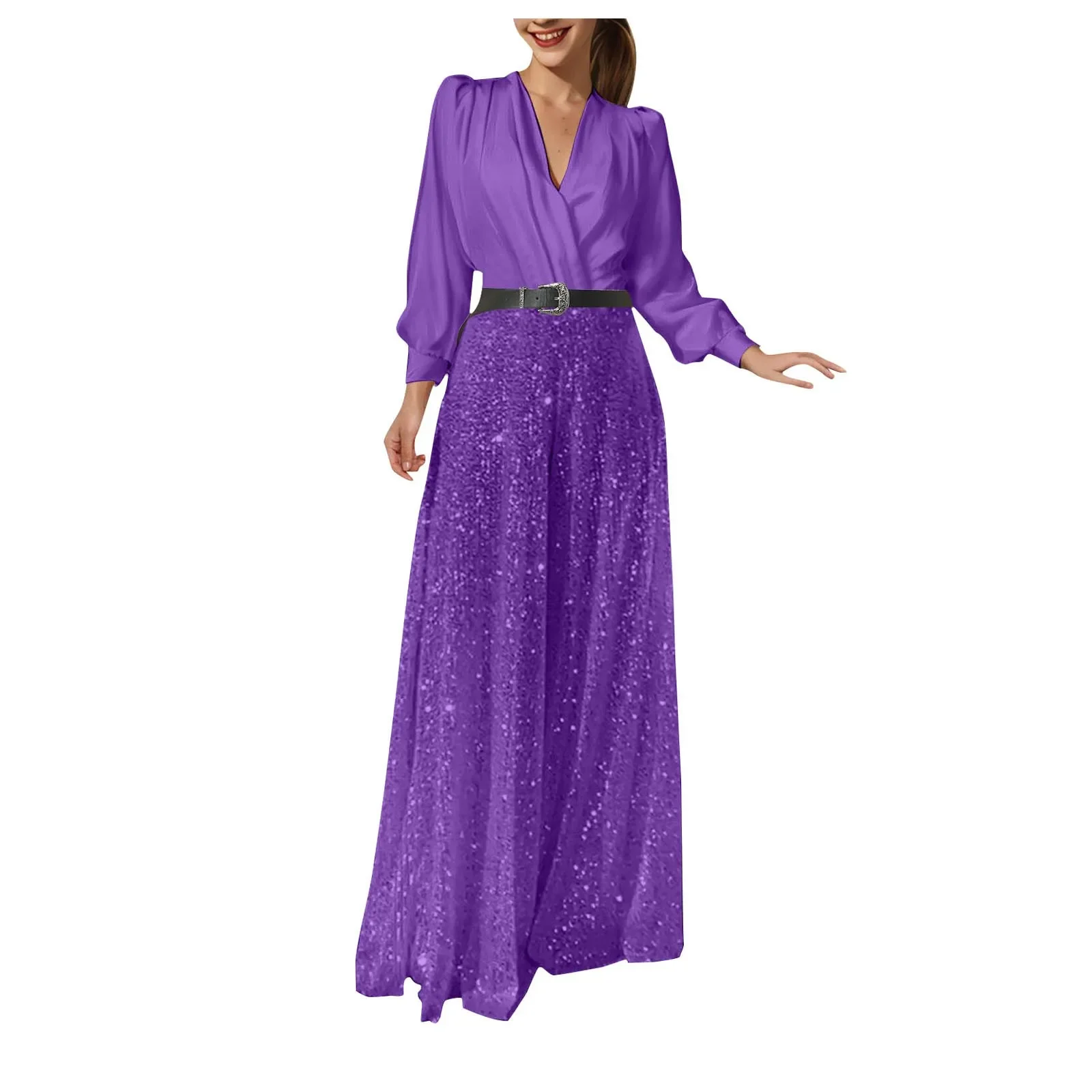 Glitter Jumpsuits Women Elegant Shirts And Wide Leg Pants Jumpsuit Sexy Deep V Neck Sexy Club Rompers And Jumpsuits for Women