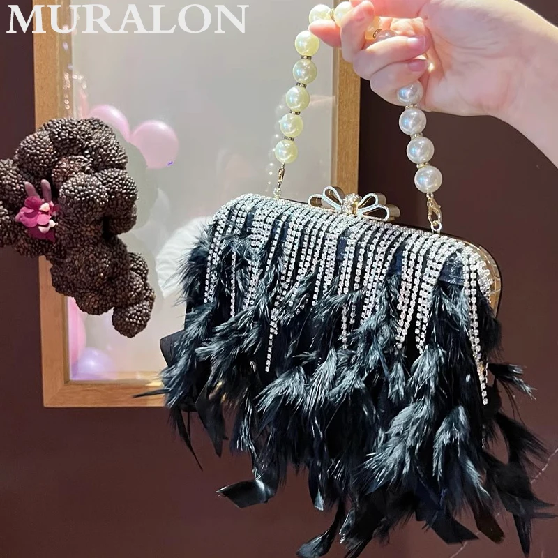 Handheld Pearl Chain Feather Evening Bag Women Rhinestone Tassel Bowknot Small Square Bag Fashion Dinner Dress Box Handbag Lady