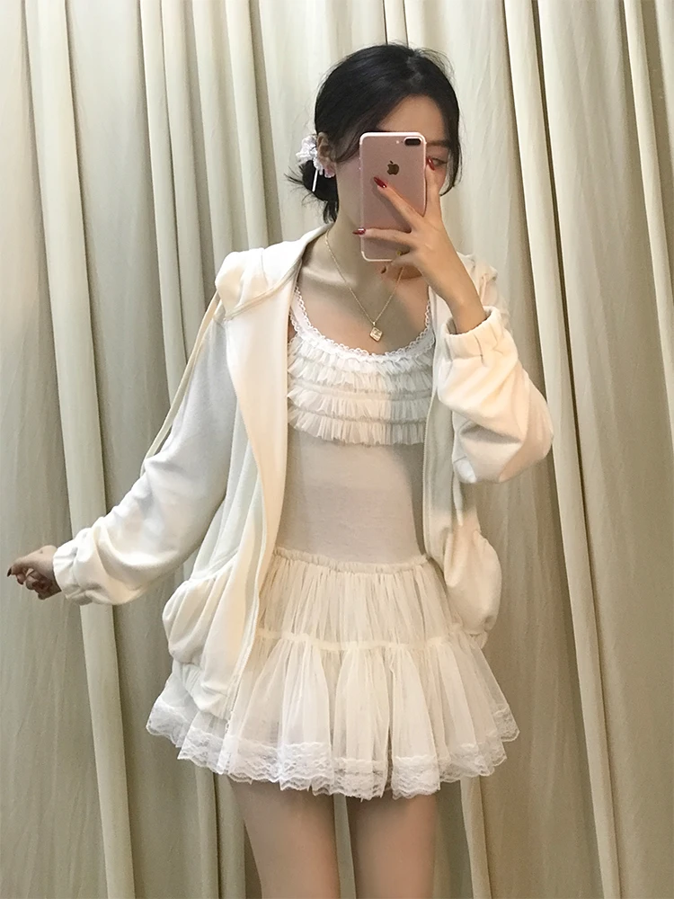 Niedlicher Bären-Hoodie Ort Jaet Me Strap Puffy Rock Zweiteiliges Set Damen Frühherbst Faion Outfit Atmungsaktiv Bequem