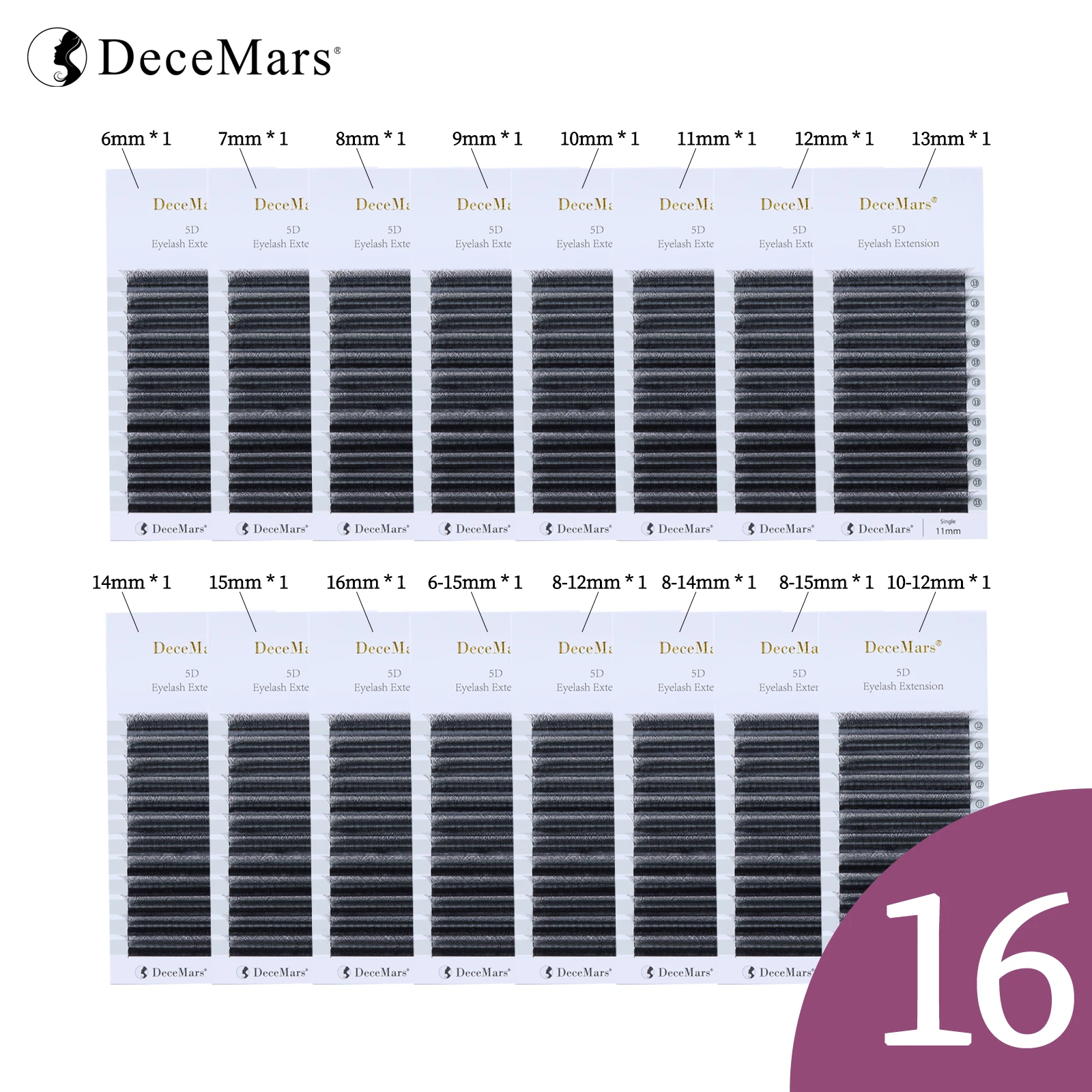 DeceMars 16pcs/set 5D - W Shaped Eyelash Extension (12line/Tray)