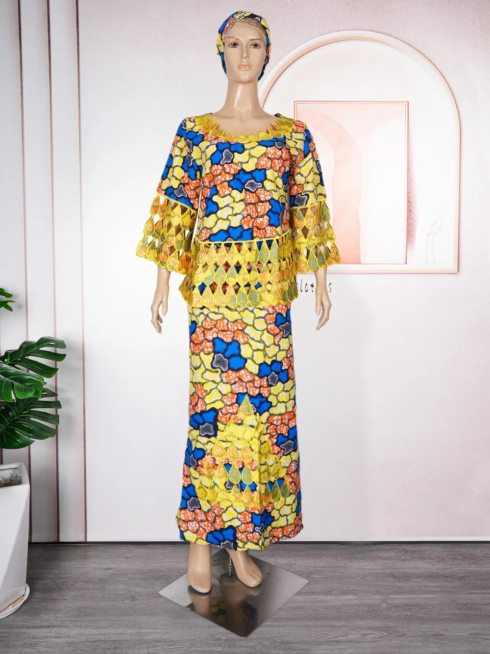 فستان نسائي تقليدي من أفريقيا مطرز ، قمة زهرية ، بدلة مع وشاح ، ملابس ، زي