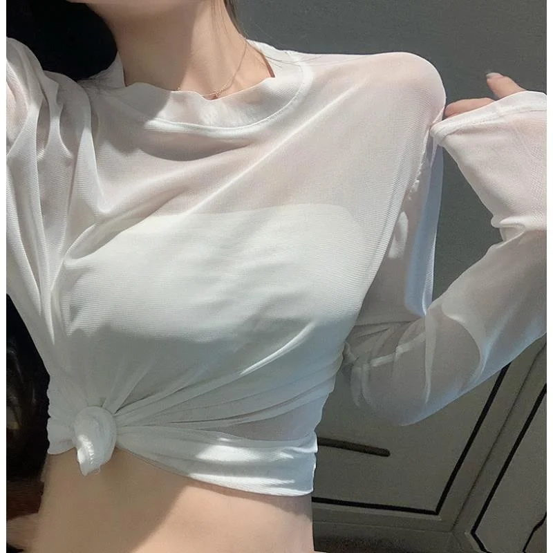 in Early Spring of 2023 New Thin Long-sleeved Blouse with T-shirt Inside the Nd See-through Mesh Bottom for