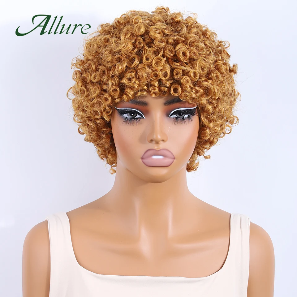 Brezilyalı Afro Kinky Kıvırcık İnsan Saç Peruk Siyah Kadınlar Için 10 inç Bal Sarışın Renkli Saç Peruk Pixies Kıvırcık Saç Peruk Allure