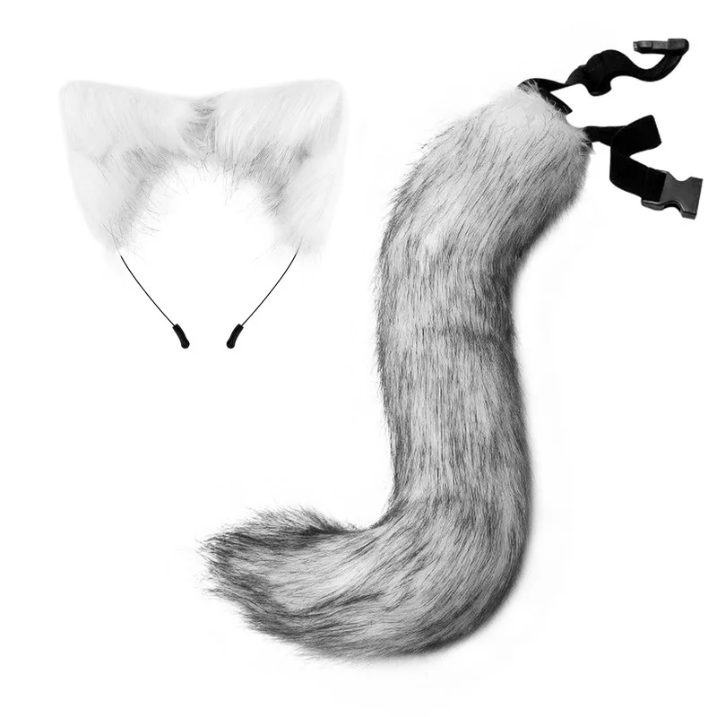 Faux Fur Fox Ear Headband and Tail Costume Set, Lolita Cosplay Furry Cat Ear Headpiece and Long Tail Masquerade Prop