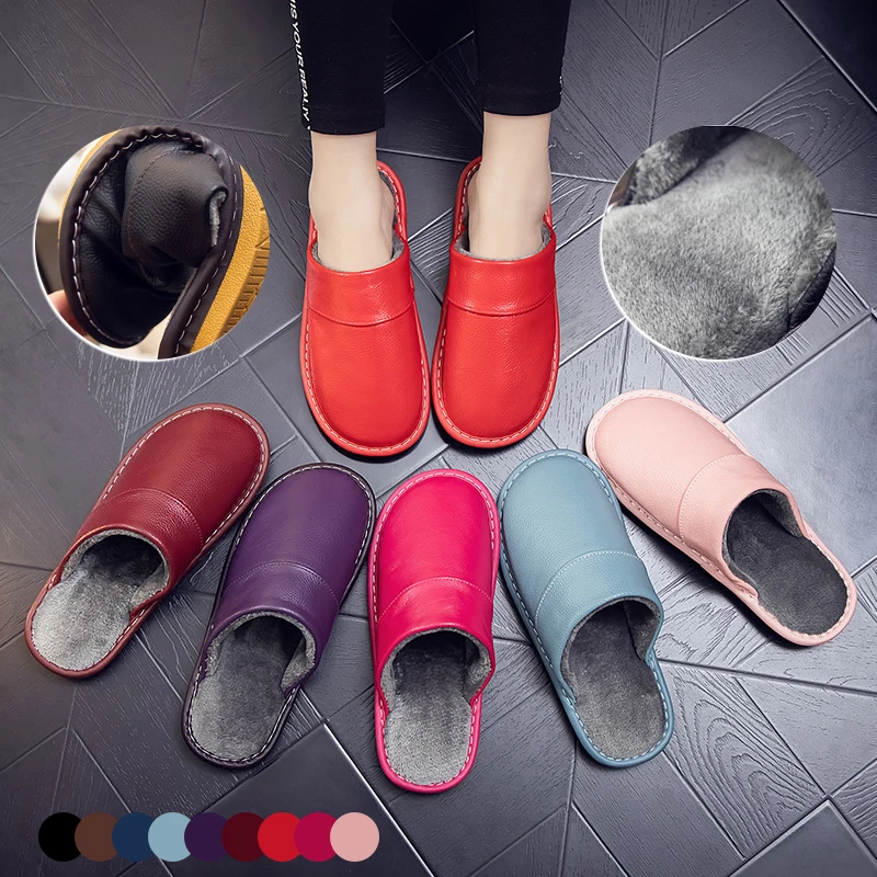 Genuine Leather Slippers Thermal Home Use Cowhide Cotton Autumn Winter Men Women's Indoor Anti-skid Waterproof Upper Thick Sole