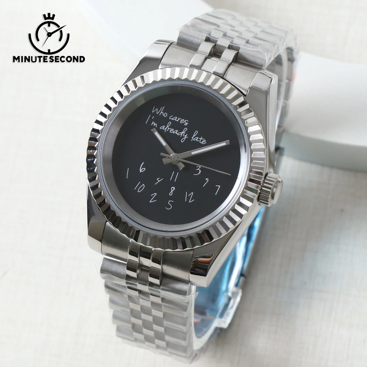 MINUTESECOND NH35 Watch Black Who cares, I'm already late Silver Sapphire Crystal NH35A Automatic Movement 39mm No Date Window