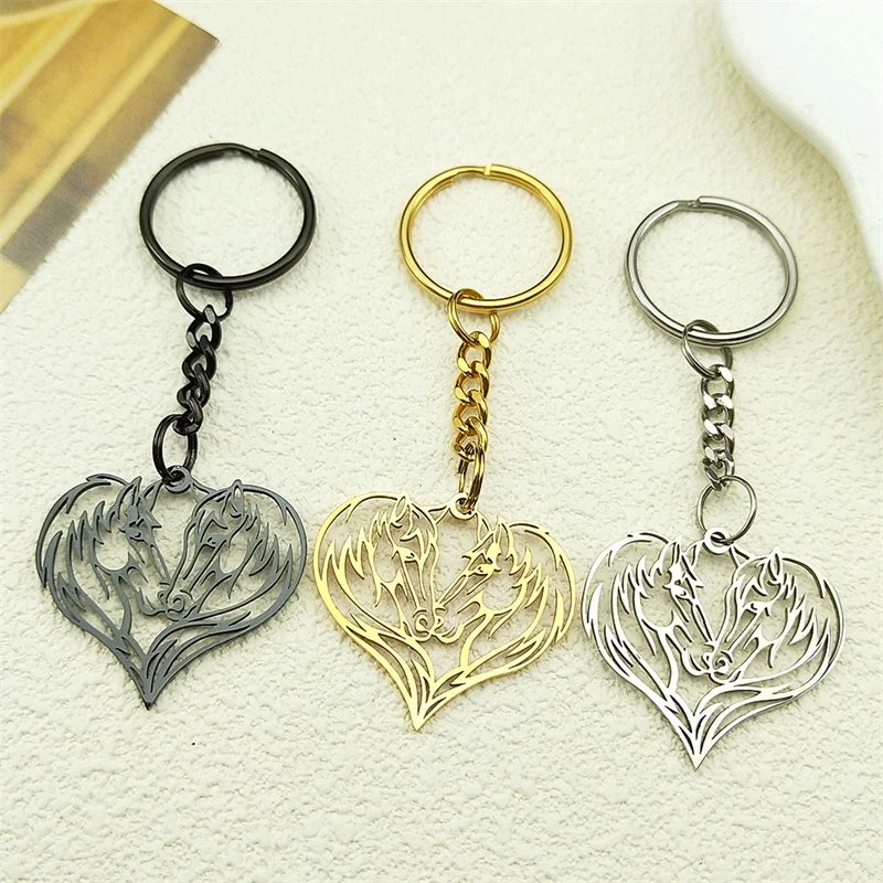 

Fashion Couple Horse Love Heart Pendant Key Chains for Women Men Stainless Steel Gold Silver Color Animal Keyring Jewelry