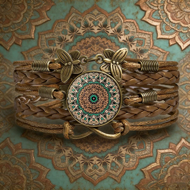 Vintage Mandala Flower Glass Dome Wrap Bracelet Brown Multilayer Woven Leather Bracelets For Women