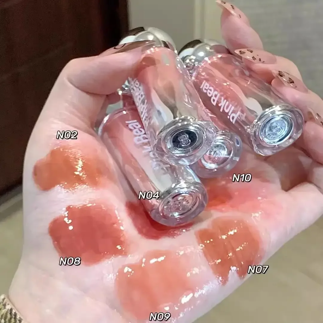 Pinkbear-brillo de labios con esencia de bombilla pequeña, espejo, purring de labios, líneas de labios que se desvanecen, maquillaje de labios rosas de larga duración