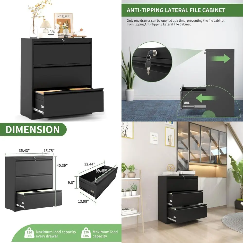 Secure 3-Drawer Metal File Cabinet for Home Office, Letter/Legal Size Hanging Files Storage Solutions