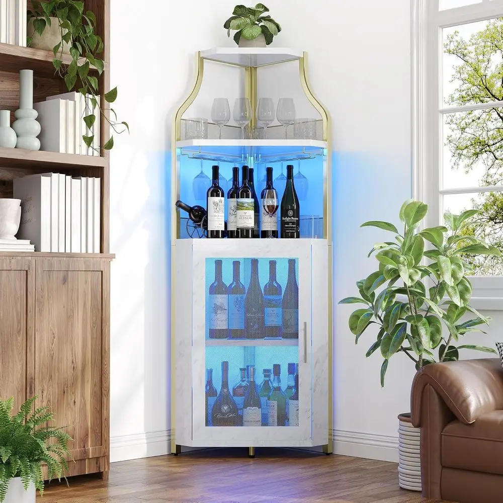 

Illuminated Glass Holder Wine Cabinet with Mesh Door for Industrial or Home Use, Gold