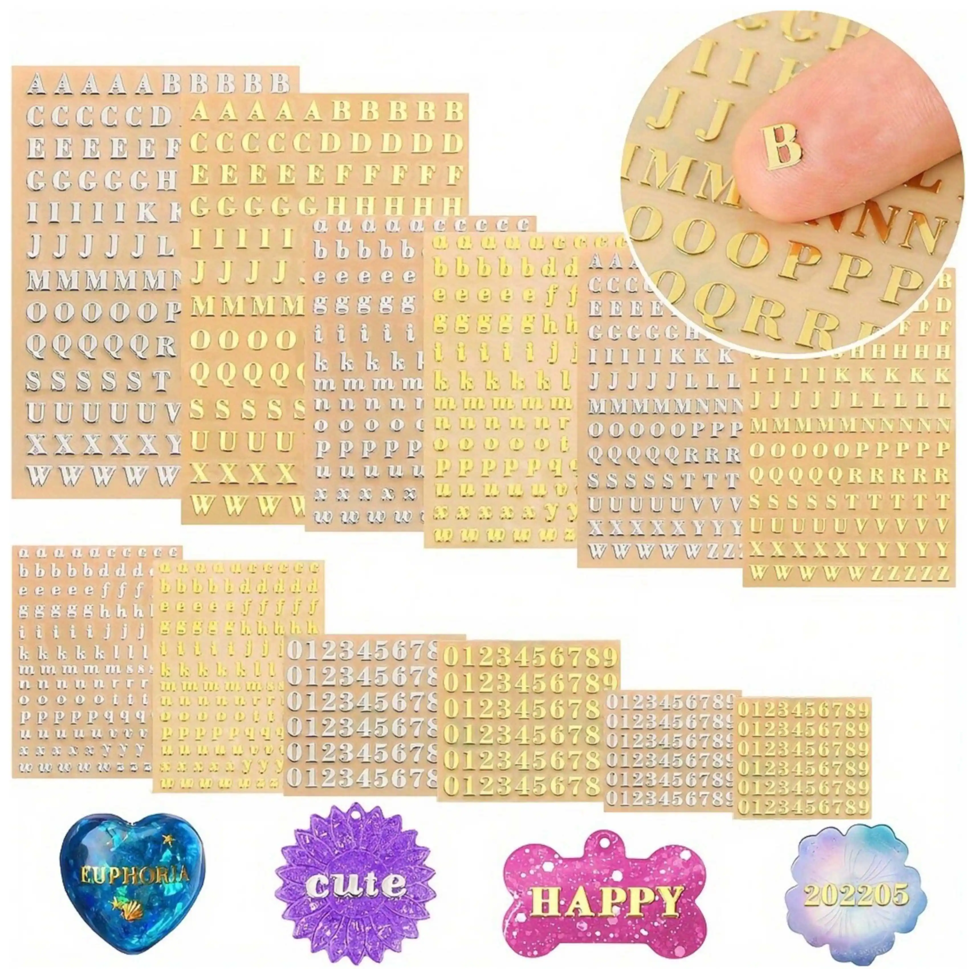 12 Letter Resin Stickers, Mini Letter and Number Stickers, Resin Supplies, for Epoxy Resin Casting Decoration, Alloy Self-Adhesive Letter Stickers, Glitter Gold and Silver 4.5mm 3mm
