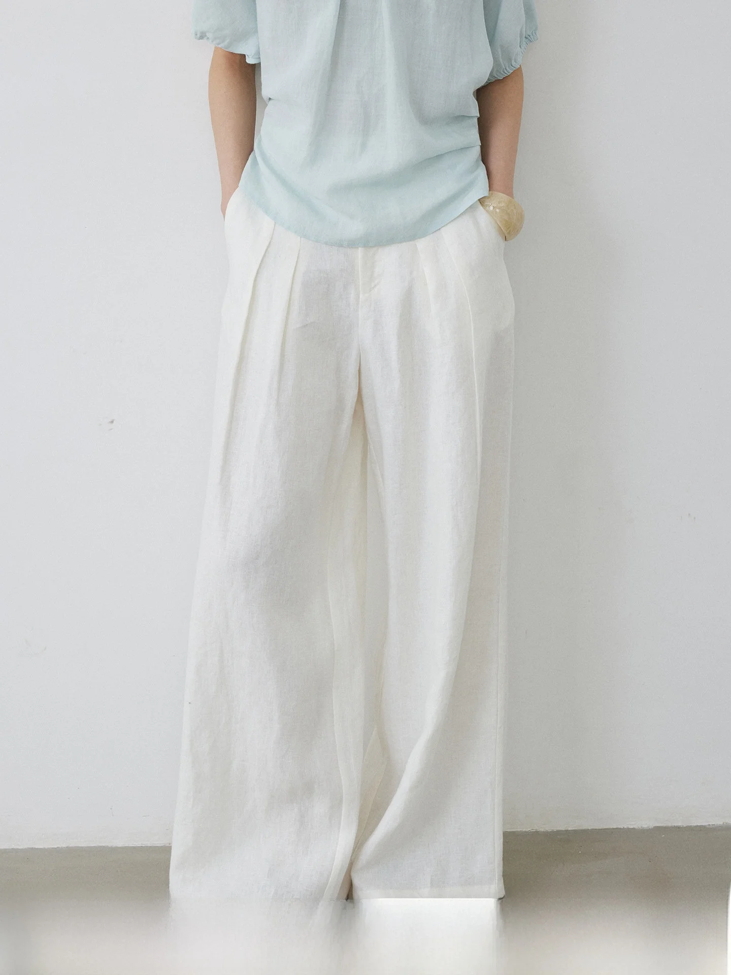 

KEARA Linen Hollow out Waist Belt Straight Leg Casual Pants Women Summer White Long Pants Minimalist Style High Waist ...