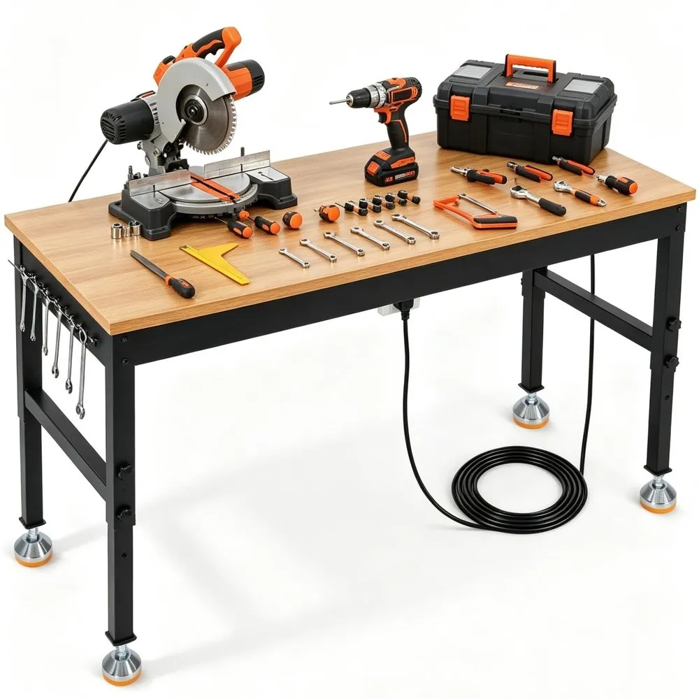 72 Inch Adjustable Workbench 2500 LB Load Capacity Rubberwood Tabletop Work Bench with Built in Power Strip for Garage