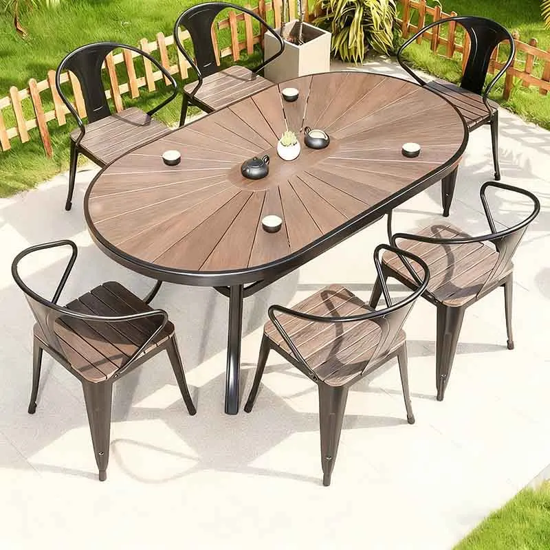 

！@Modern Durable Iron Plastic Wood Table and Chair Set for Outdoor Use with Anti-Corrosive Finish and Simple Open-Air Design