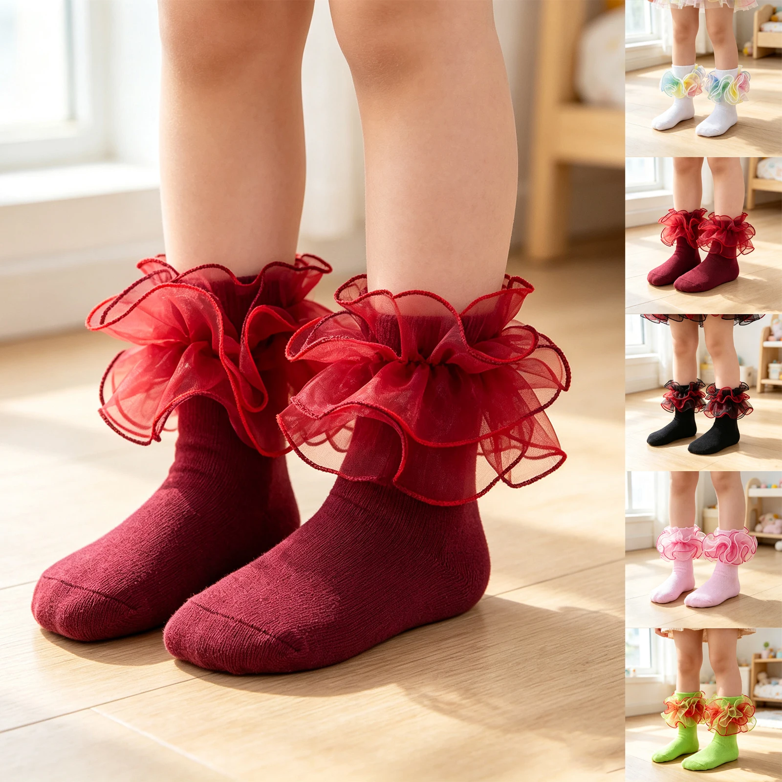Kids Cotton Ankle Socks With Large Ruffled Tulle Bow Girls Cute Princess Mesh Lace Socks For Party Dress Up Daily Outfit