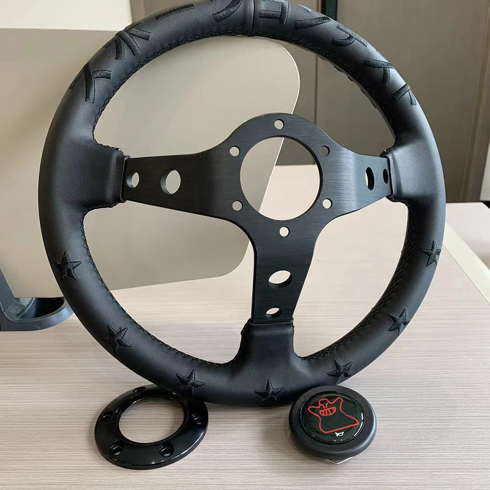 JDM  330mm  Japanese Blcak Embroidery Microfiber Leather Deep Dish Car Steering Wheel 326POWER Steering