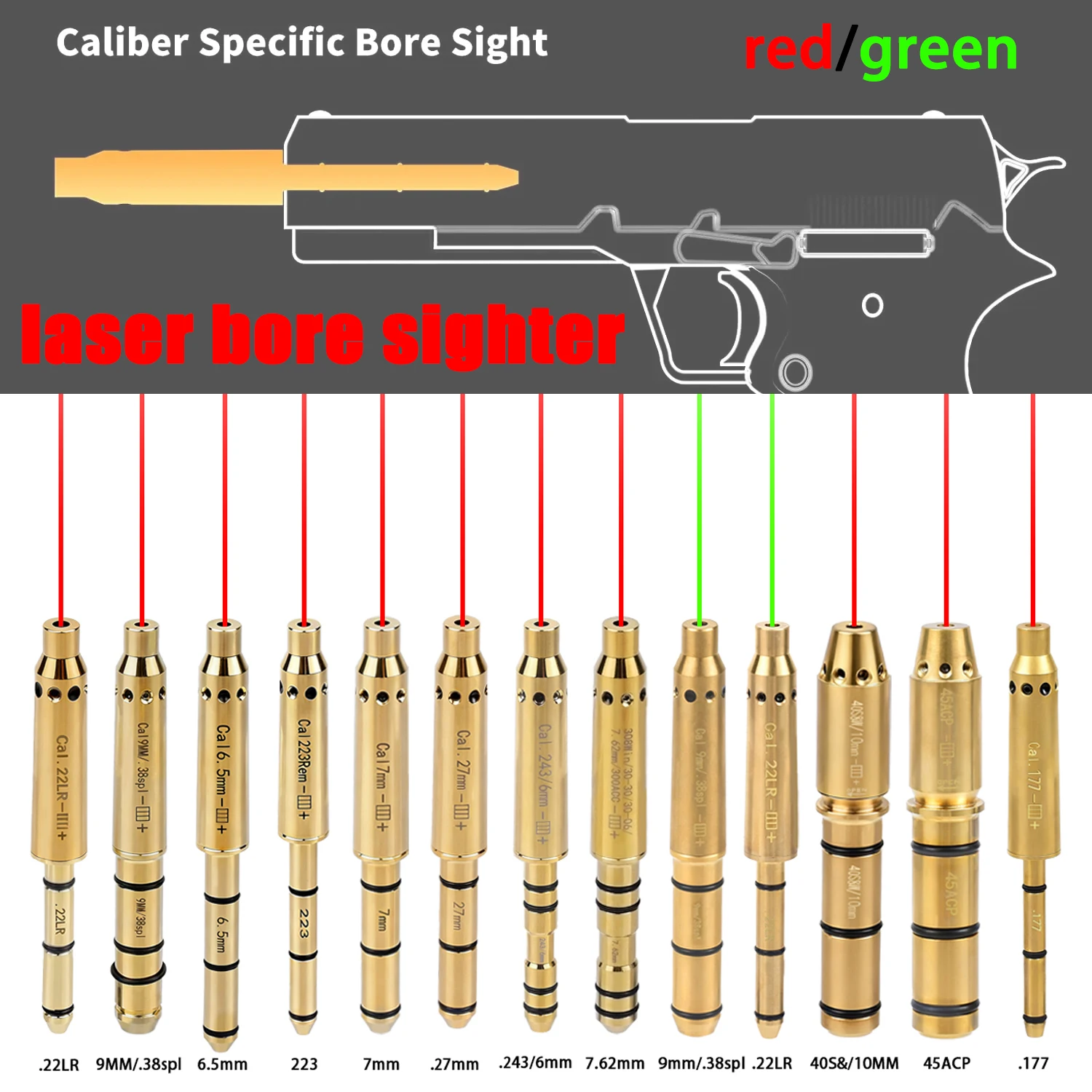 

Tactical Laser Bore Sight Red Dot Laser Cal.22LR/.223 Rem/9mm/7.62mm/ 243/6mm/7mm/6.5mm/25/27mm Collimator Cartridge Boresighter