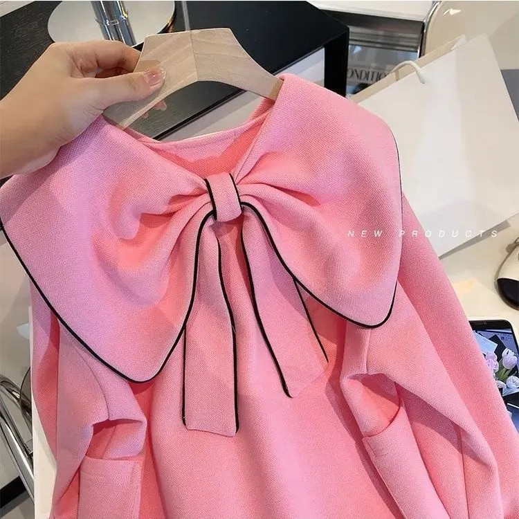 

Girls' Dress 2023 New Spring Large Lapel Color-Contrasting Stripe Children's Long Sweater Dress Long Sleeve Skirt