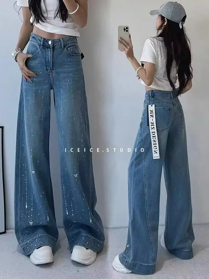 Denim Pant Women Jeans Vintage Wide Leg Long Pants Hot Drilling Bow High Waist Straight Trousers Y2k Streetwear Work Casual 2026