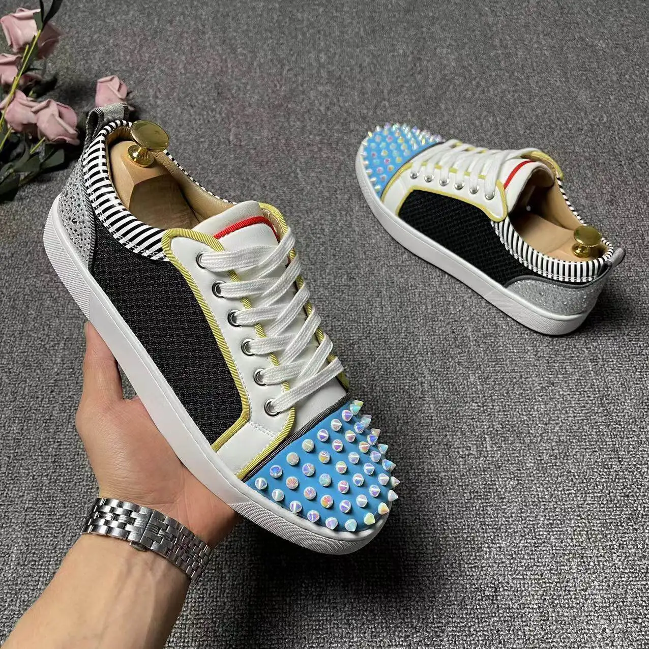 Fashion Lace-up Rivet Sneakers Fall Cover Heel Male Flats Patchwork Round Head Men Shoes