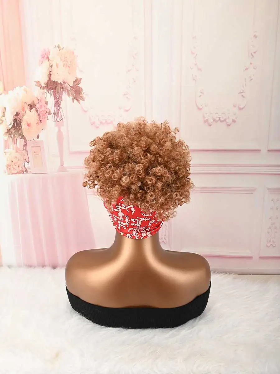 Headband Wig Curly Headband Wig With Bangs For Women Synthetic Afro Curly Hair Wig With Headband Attached Short Kinky Curly Afro High Puff With Bangs Stripes Short Red Curly Wigs with Bangs for Women, Natural Wavy Synthetic Hair, Fluffy Pixie Cut