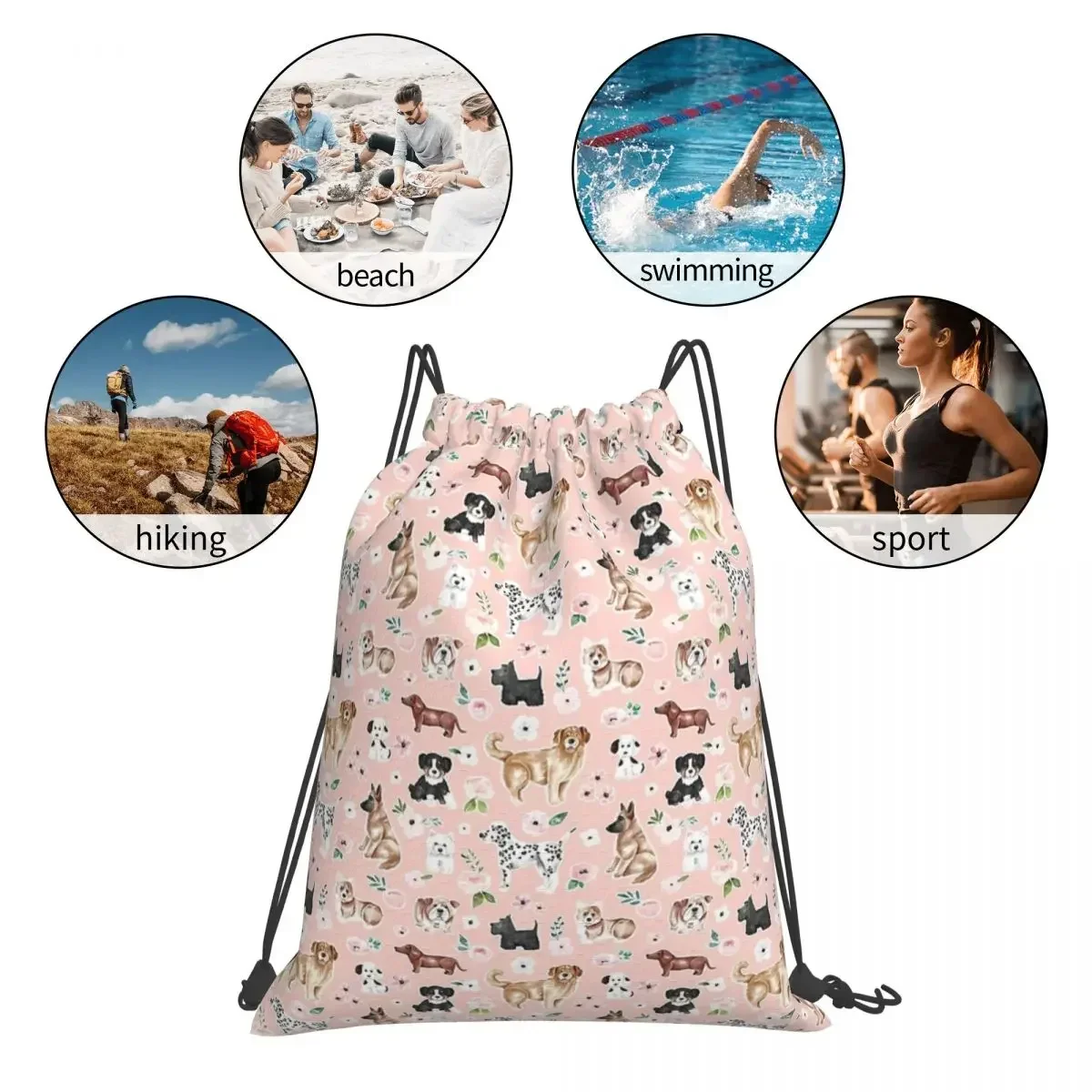 Sacos de cordão portáteis para homens e mulheres, aquarela, cães e flores em mochilas rosa, bolsa esportiva, bolsa para estudantes, moda